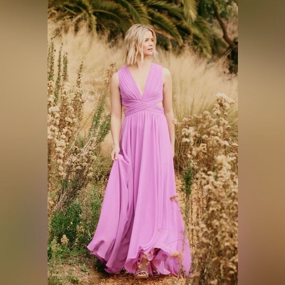 Lulus Vivid Imagination Lilac Pink Cutout Maxi Chiffon V Neck Dress Small NEW - Picture 2 of 16
